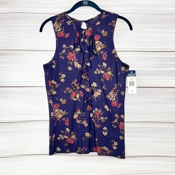 NWT New Chaps Viscose Top Tee Blouse Floral Purple Ruffle Front Sleeveless S - Picture 2 of 13